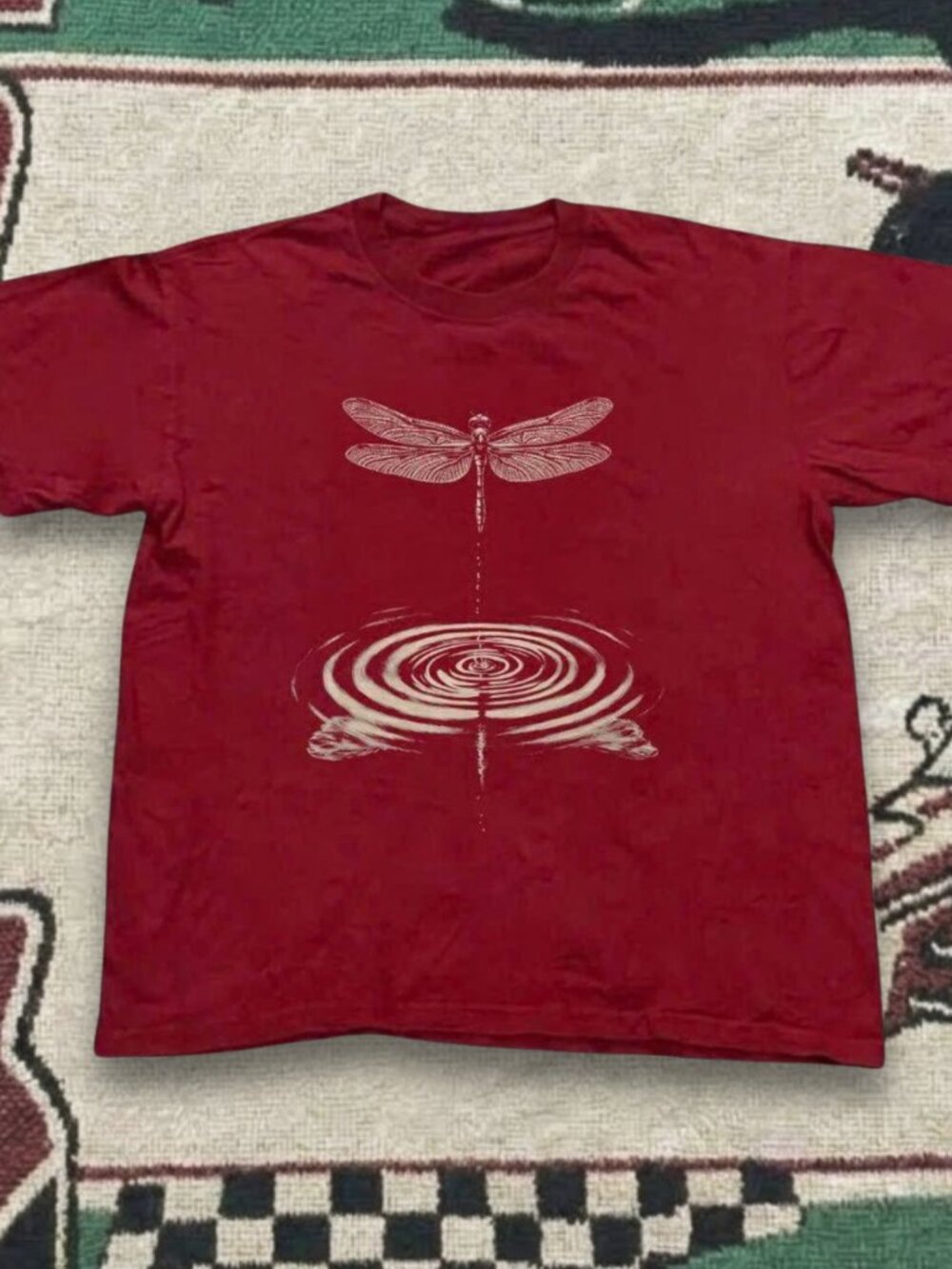 Vintage Style Dragonfly Water Ripple Graphic Burgundy Red Cotton Short Sleeve